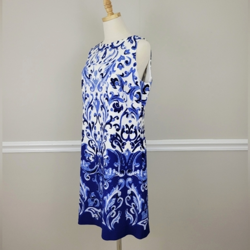 LAUREN RALPH LAUREN Blue White Print Crew Neck Sleeveless Dress - Picture 2 of 6